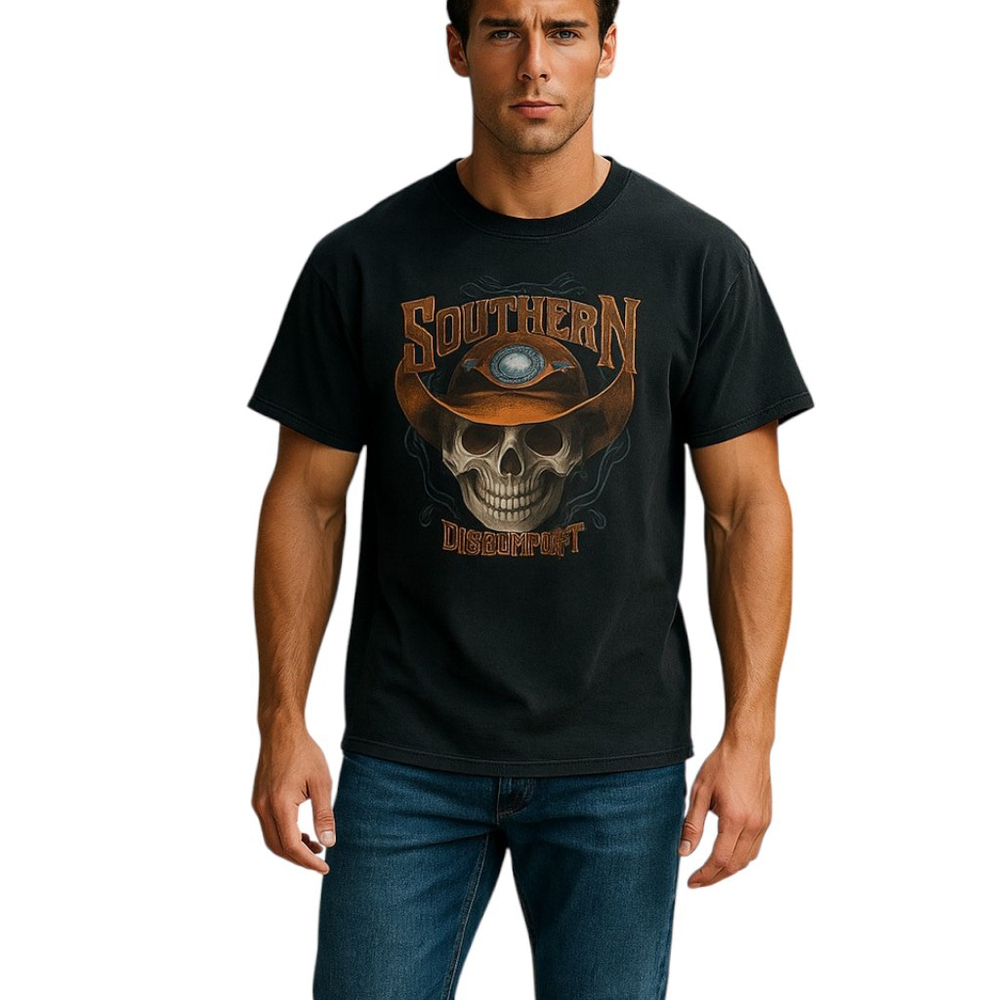Vintage 90s Southern Discomfort T-Shirt Mens XL Black Skull Graphic Biker Cowboy